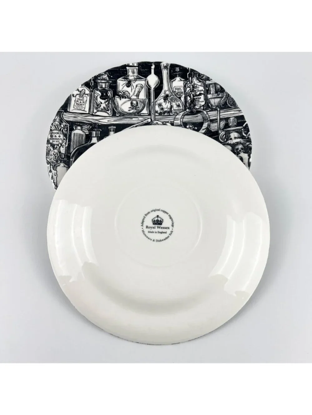 Royal Wessex England Halloween Black White Porcelain 2 Dinner Plates Apothecary